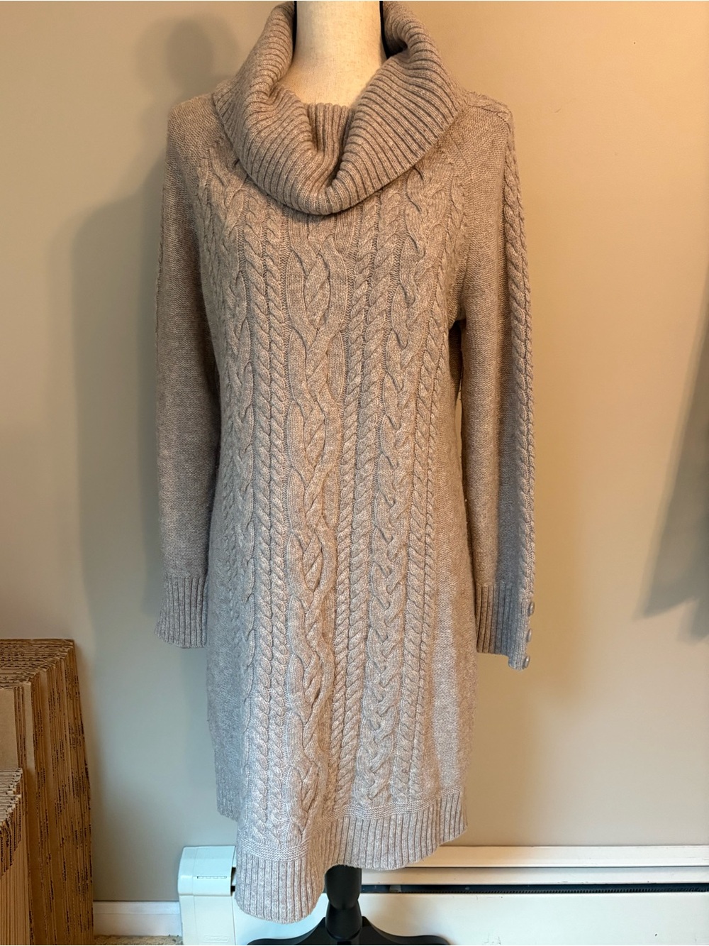 LOFT Cozy Cable Knit Cowl Neck Sweater Dress - Taupe | Women’s Sz L